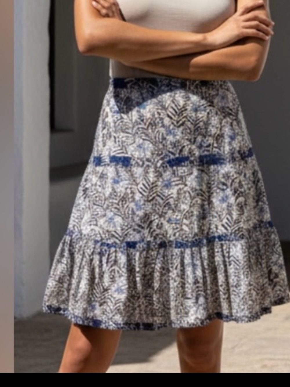 KAREN MILLEN Skirt Tiered Flare Pleated Butterfly Boho Black Blue